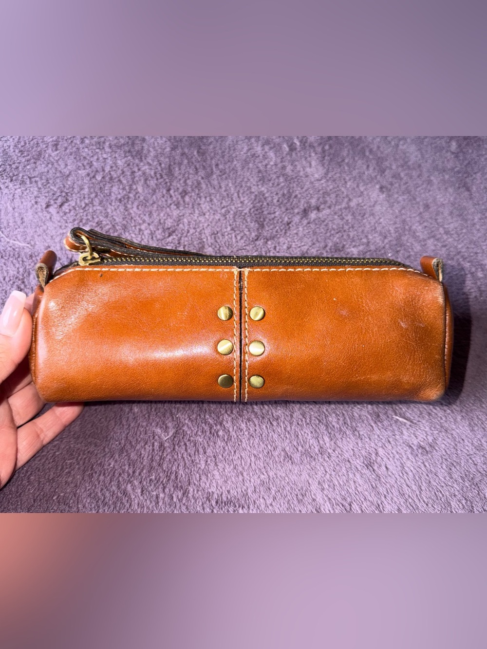 Patricia Nash 🤎 Cognac Leather Cosmetic Pouch with Gold Studs